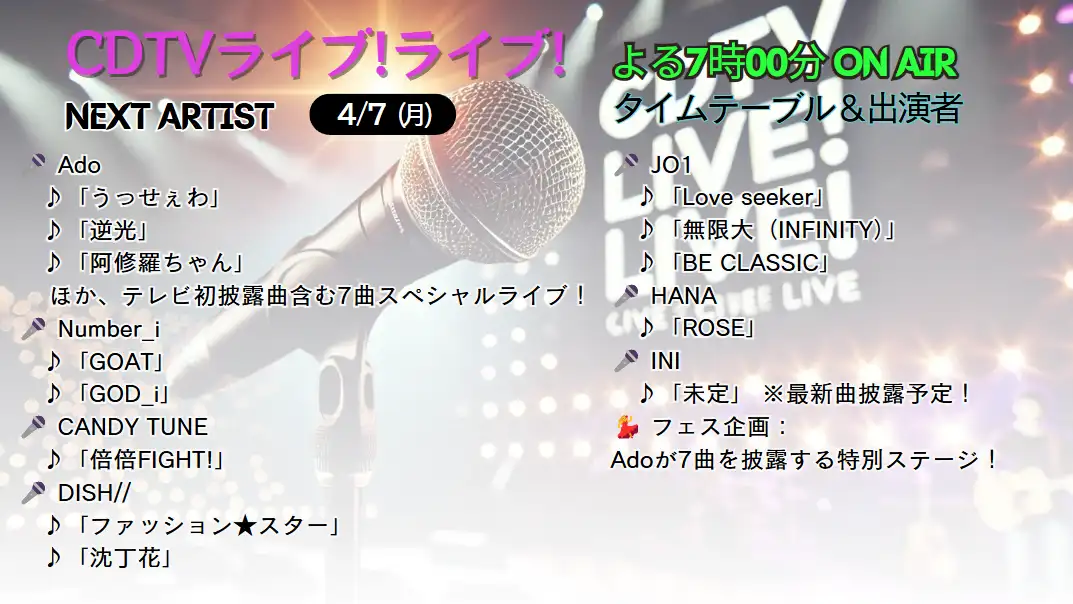 CDTV タイムテーブル｜出演者の順番や見どころ更新(次回4/7放送！)