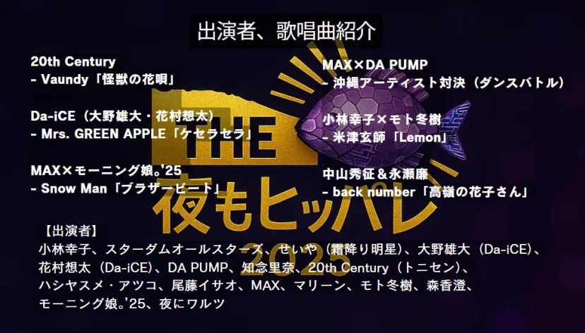 タイトル：【復活】THE夜もヒッパレ！誰が歌う？出演者紹介｜タイムテーブルで先取り(5/24放送)