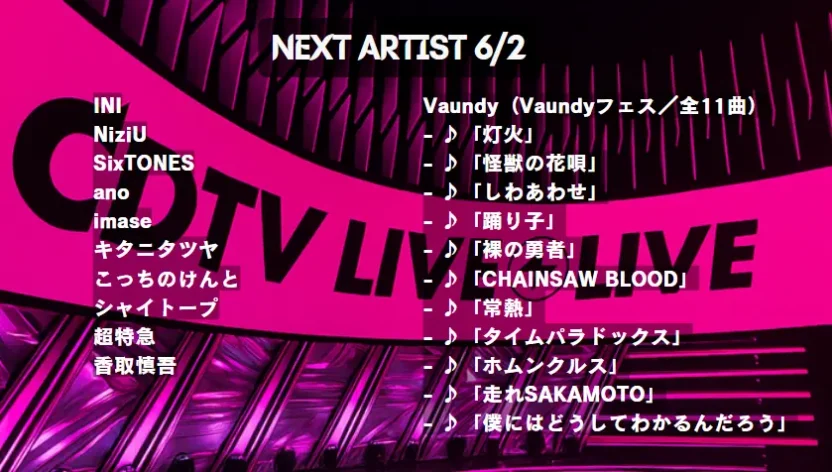 CDTVタイムテーブル 2024年6月2日｜出演者順・セットリスト速報【3時間SP】