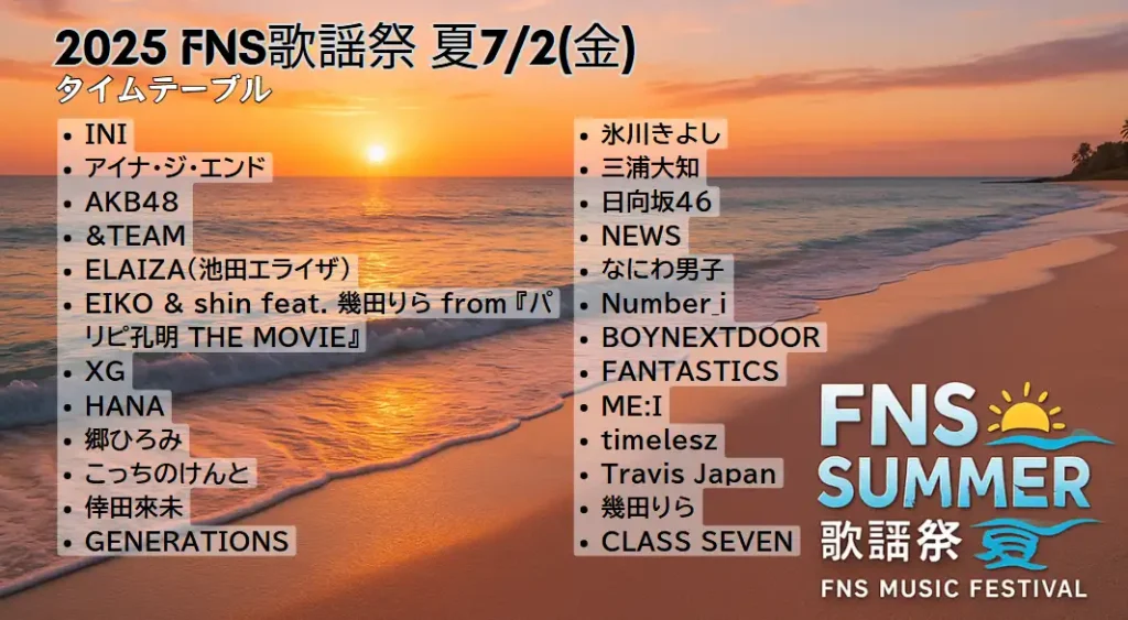 2025 FNS歌謡祭 夏 タイムテーブル速報｜出演者・歌唱曲を一覧で紹介