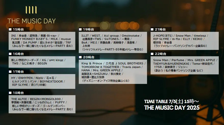 THE MUSIC DAY 2025タイムテーブル発表はいつ？全出演者の順番や歌唱曲まとめ速報