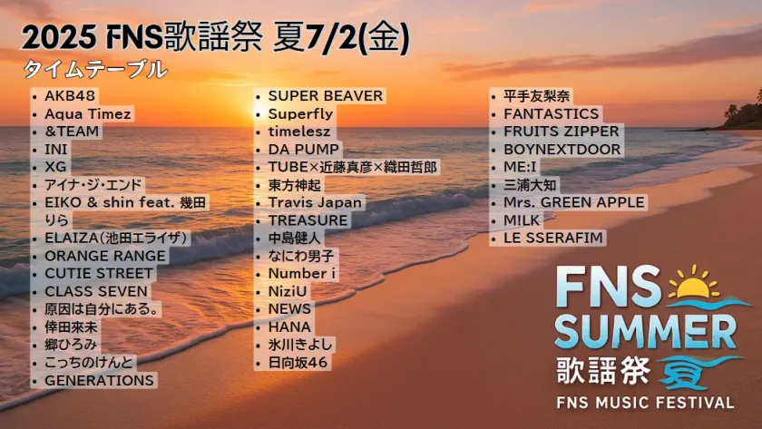 2025 FNS歌謡祭 夏 タイムテーブル速報｜出演者・歌唱曲を一覧で紹介