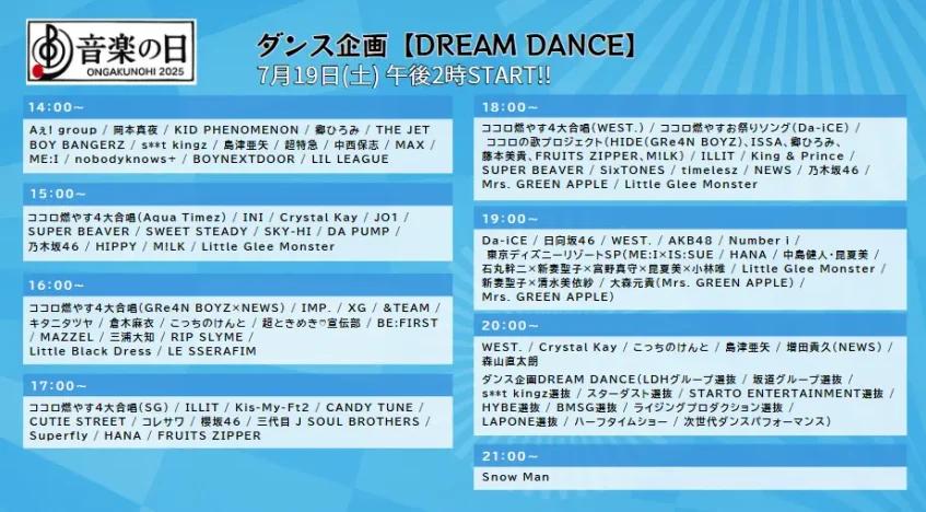 音楽の日2025タイムテーブル最新｜出演者の順番や歌唱曲チェック！