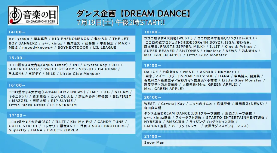 音楽の日2025タイムテーブル最新｜出演者の順番や歌唱曲チェック！