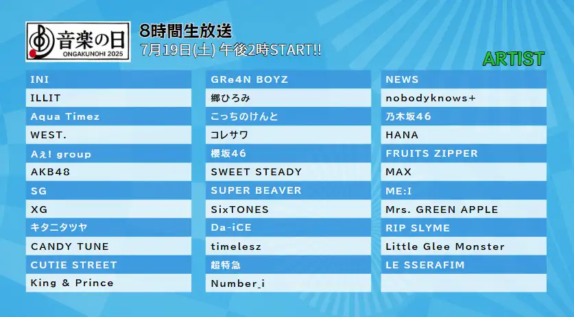 音楽の日2025タイムテーブル最新｜出演者の順番や歌唱曲チェック！