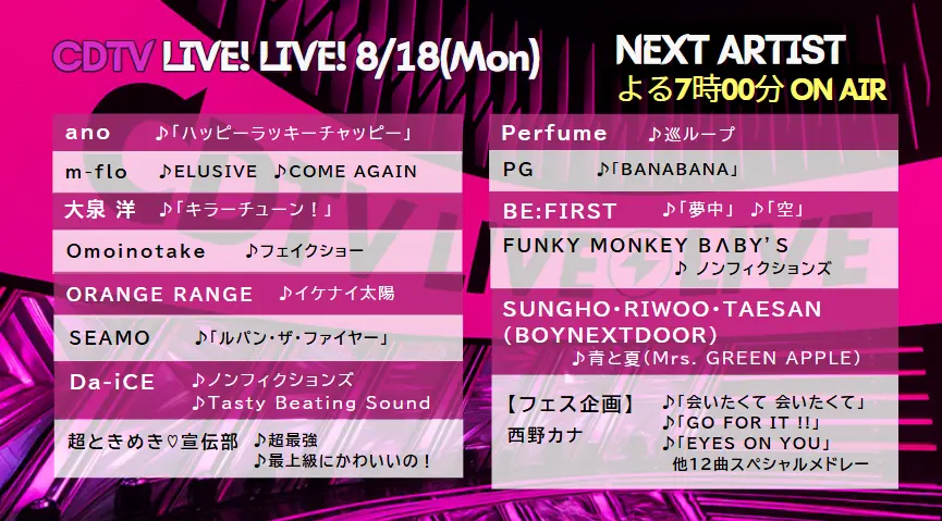 CDTV タイムテーブル＆出演時間｜次回放送の出演者・順番・曲目一覧【更新中】