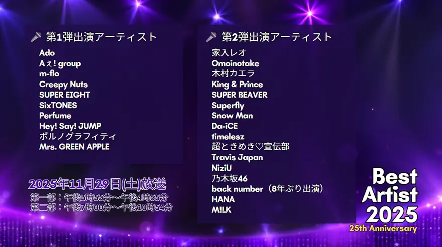 ベストアーティスト2025タイムテーブル＆出演者詳細｜順番や歌唱曲も確認