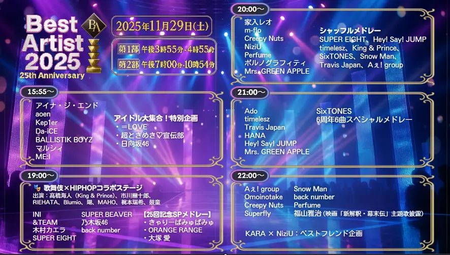 ベストアーティスト2025タイムテーブル＆出演者詳細｜順番や歌唱曲も確認