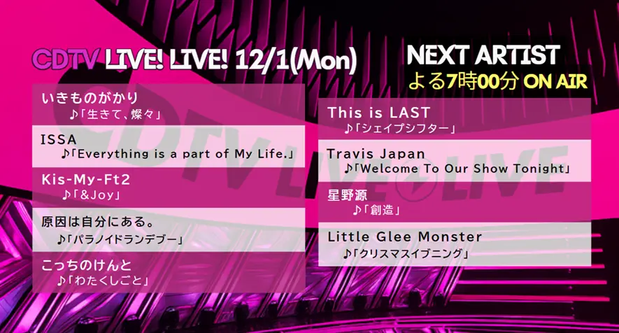CDTVライブ！ライブ！タイムテーブル｜12月1日の出演者＆セットリスト