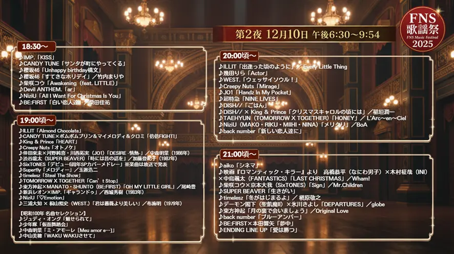 2025 FNS歌謡祭冬 第2夜出演者＆タイムテーブル【12月10日】順番と見どころまとめ