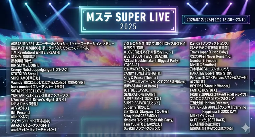 Mステ スーパーライブ｜タイムテーブルと出演者情報を整理(2025/12/26)