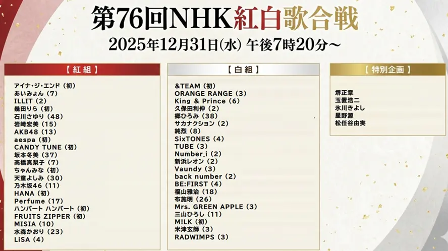 第76回紅白歌合戦 タイムテーブル｜出場者と出演順まとめ【2025-2026】