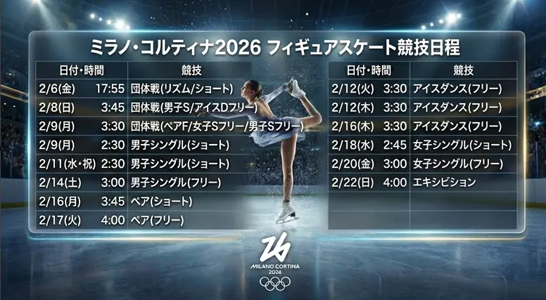 ミラノ五輪 フィギュアは何時から？日程・生中継放送チャンネルをタイムテーブルで整理