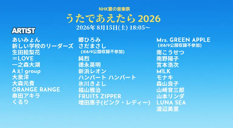 NHK夏の音楽祭 うたであえたら2026 タイムテーブル｜出演者や順番を随時更新