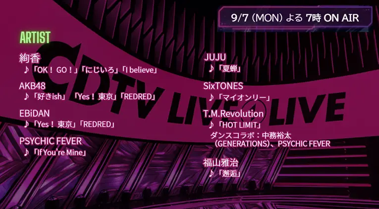 【CDTV】タイムテーブル 9月7日速報！出演順・出演時間をリアルタイム更新