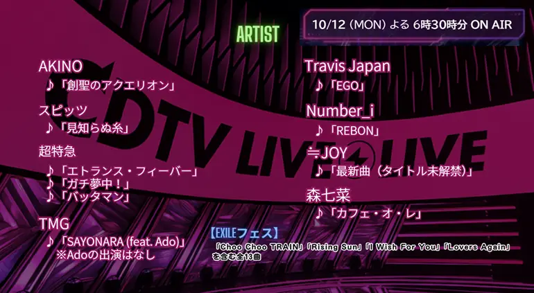 【CDTV】タイムテーブル 10月12日速報！出演順・出演時間をリアルタイム更新